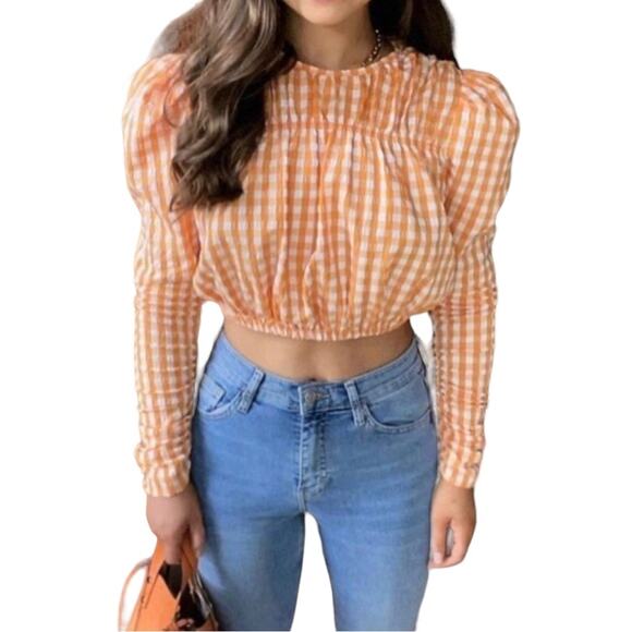 ZARA orange white gingham check crop top blouse size Small - Picture 1 of 10
